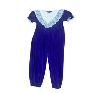 Vintage Good as Gold 4T Romper Purple Frilly Collar Lacey Velour USA Cottagecore
